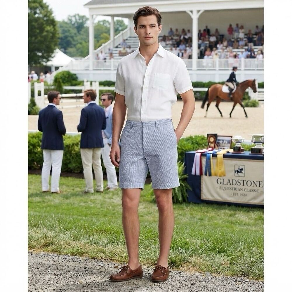 Polo Ralph Lauren Blue White Seersucker Stretch Straight Fit Shorts Mens 36 (34)